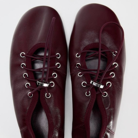 Zara burgundy LEATHER LACE-UP BALLET FLATS - Picture 2 of 10